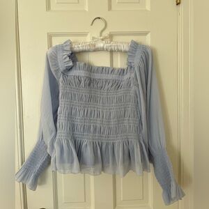 All Saints Off the Shoulder Gauzy Boho Peasant Top, Long Sleeve, Light Blue 8